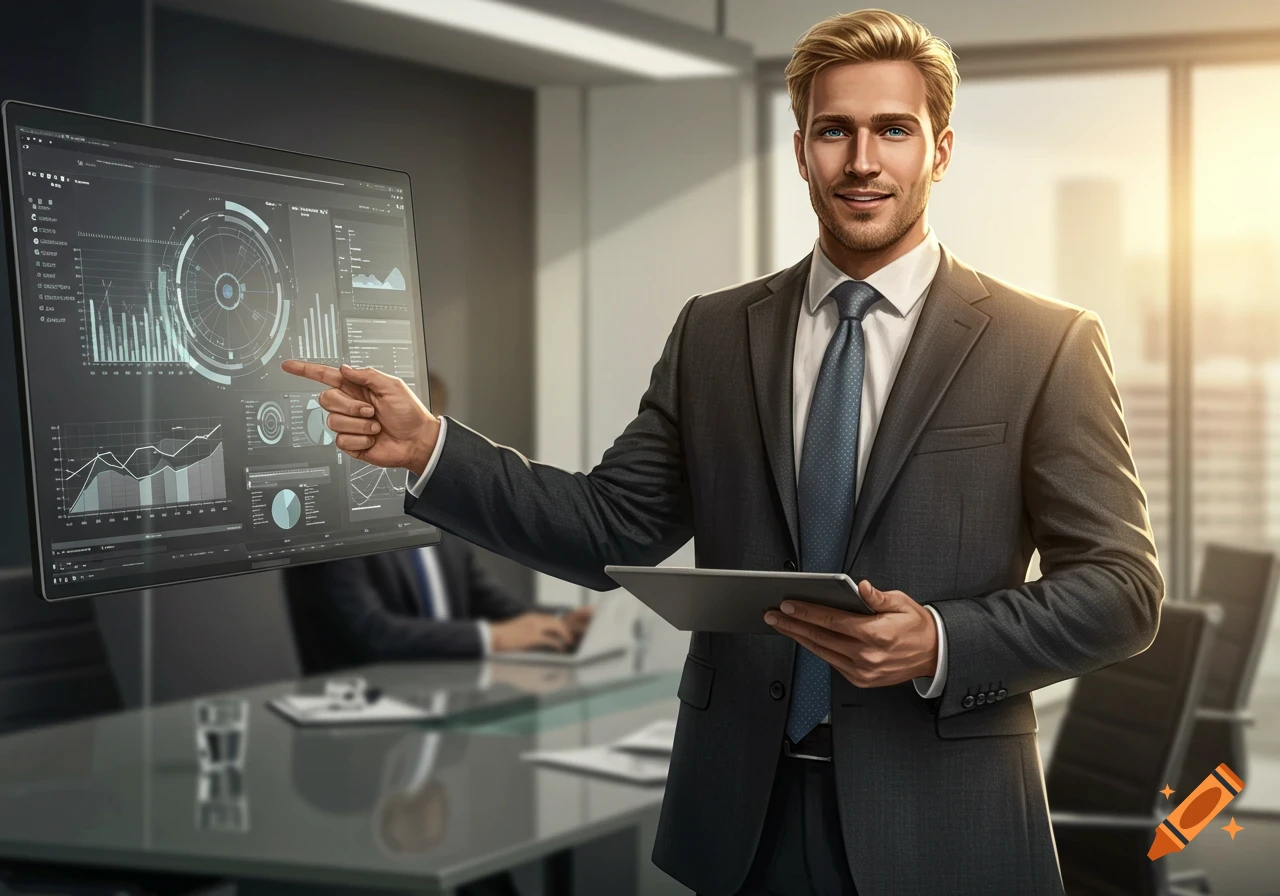 Blonde businessman in suit presenting data on a large screen in an office, holding a tablet