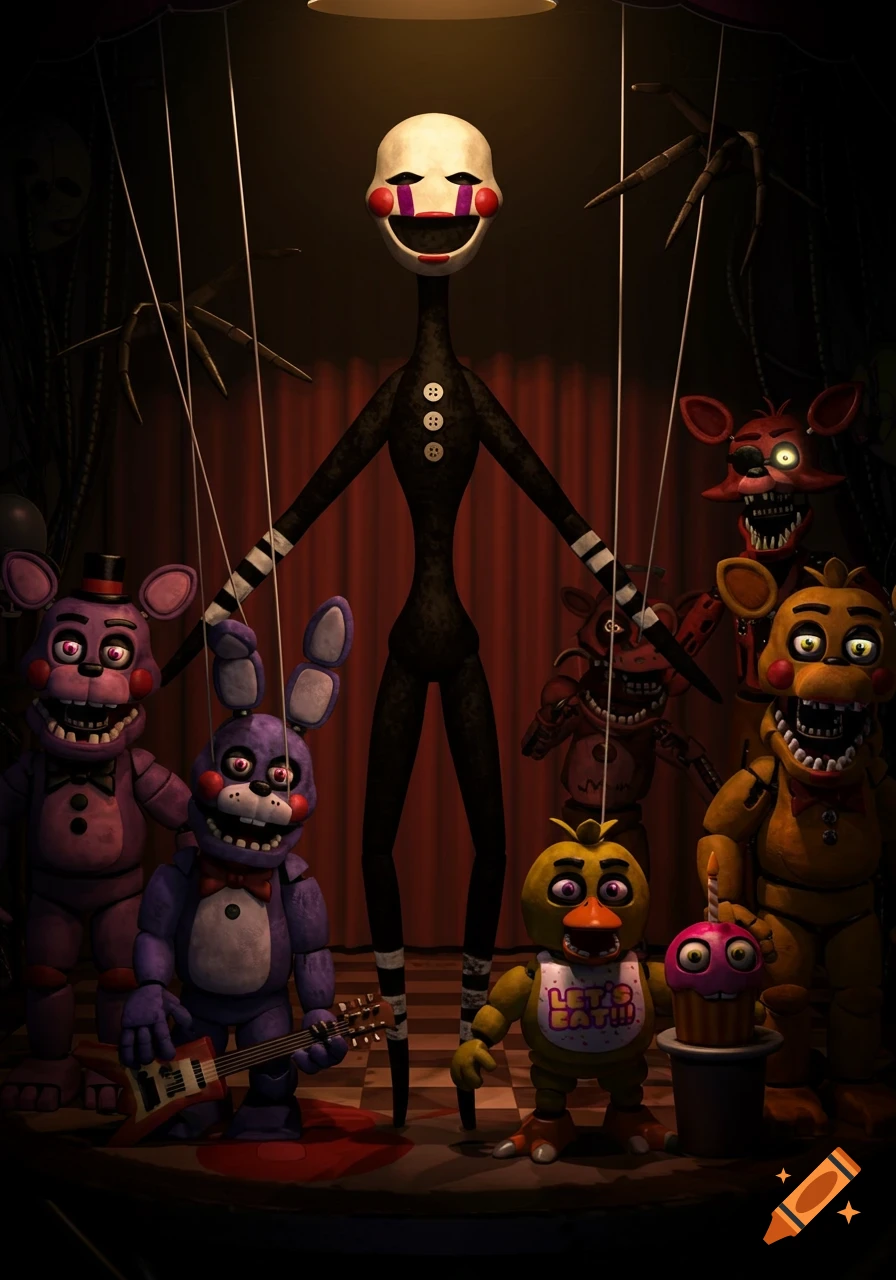 The Puppet controls Five Nights at Freddy's animatronics Freddy, Bonnie, Chica, and Foxy with strings.