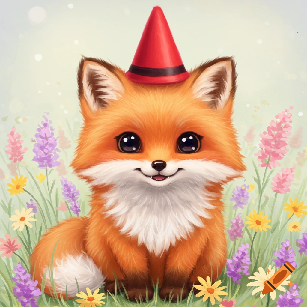 A cute stylized fox wearing a red party hat sits in a field of colorful purple, pink, and yellow flowers.
