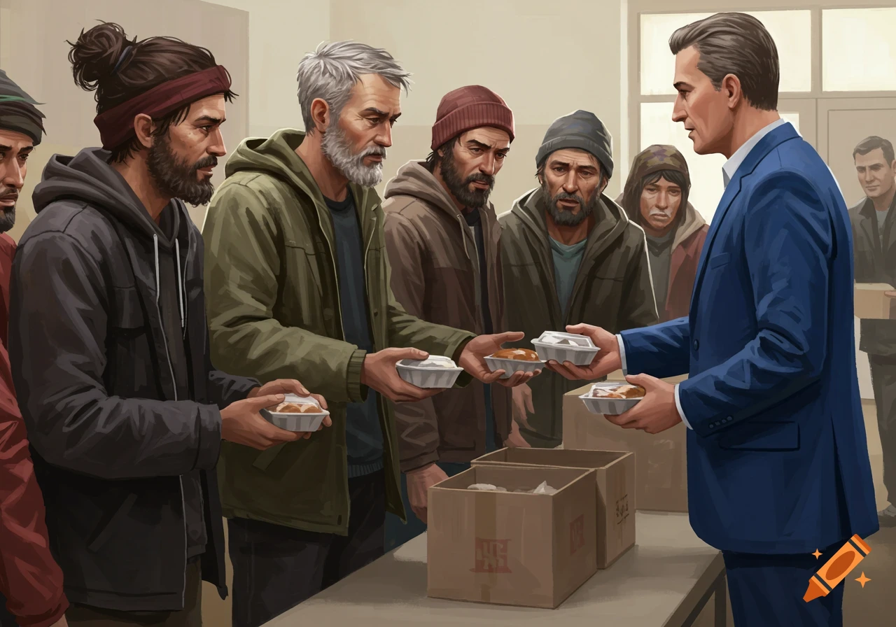 A man in a suit hands food containers to a line of people in hoodies and beanies at a table with boxes.