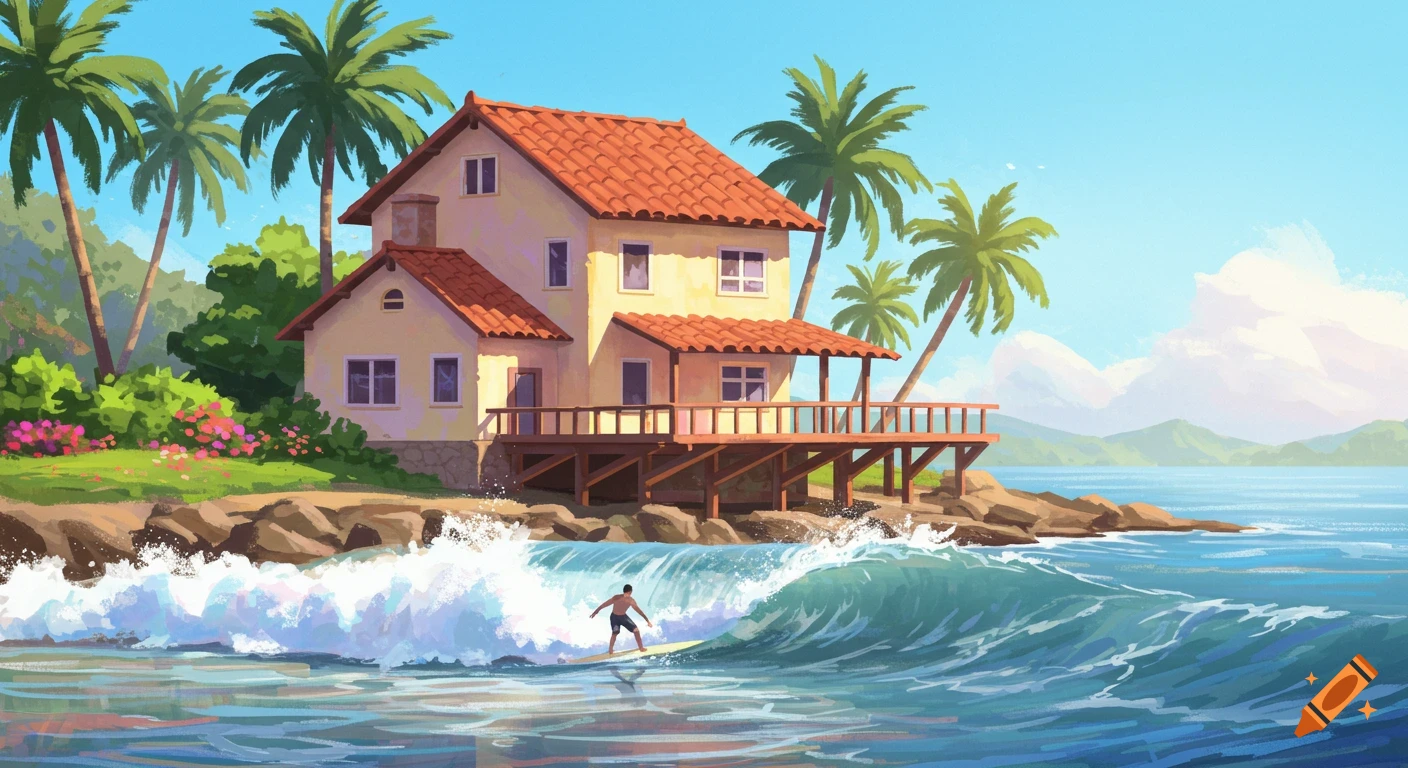 A painted tropical landscape featuring a house on a rocky beach, palm trees, and a surfer riding a wave.