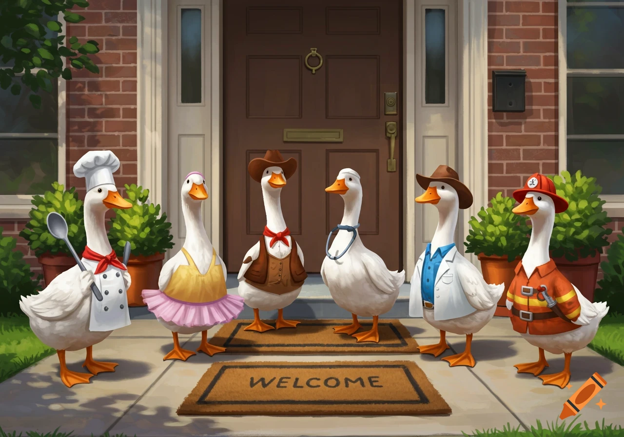 Six cartoon geese in costumes including chef, ballerina, cowboy, doctor, and firefighter stand on a porch.