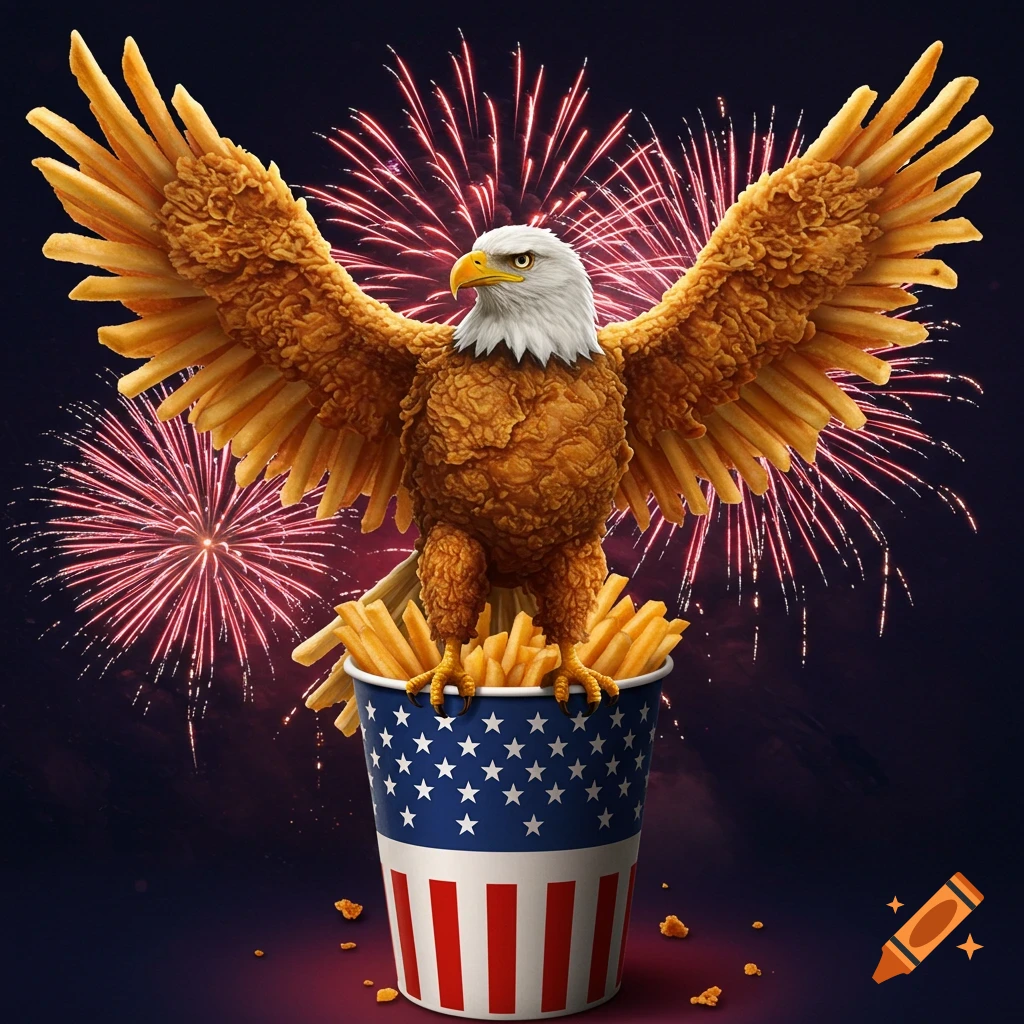 Bald eagle made of fried chicken with french fry feathers, perched on an American flag bucket of fries with fireworks behind, surreal patriotic digital art.