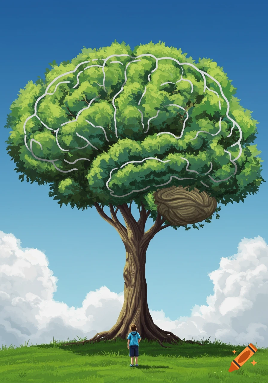 Child looks at a large tree with a brain-shaped canopy in an illustration.
