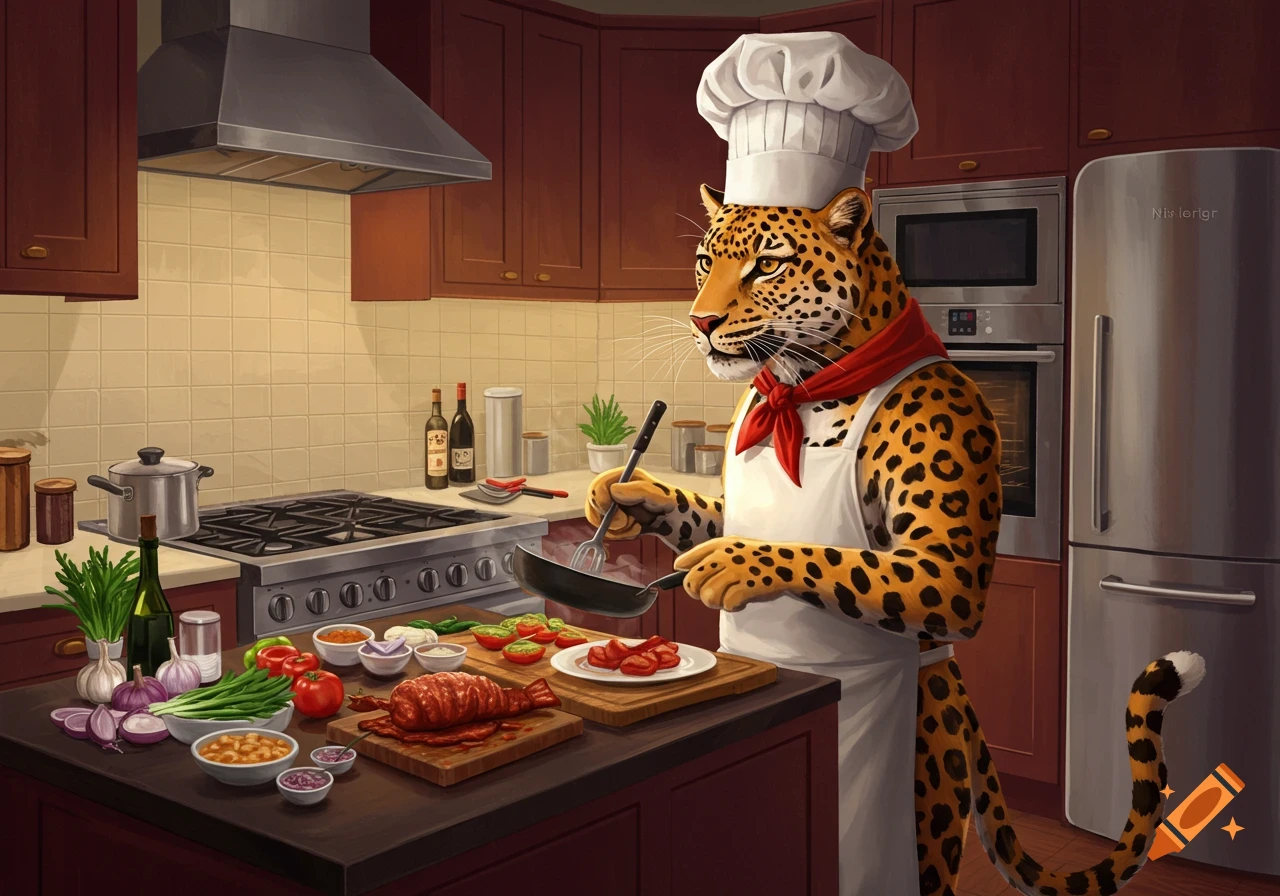 Stylized illustration of an anthropomorphic leopard chef stirring a pan in a kitchen full of ingredients.