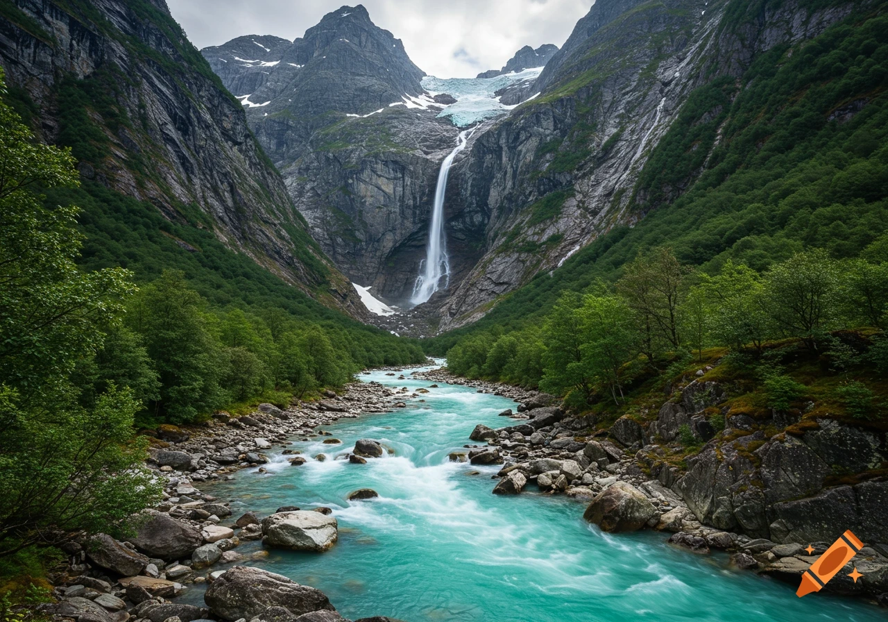 A vibrant blue river flows through a rocky valley towards a tall waterfall cascading down a mountain.