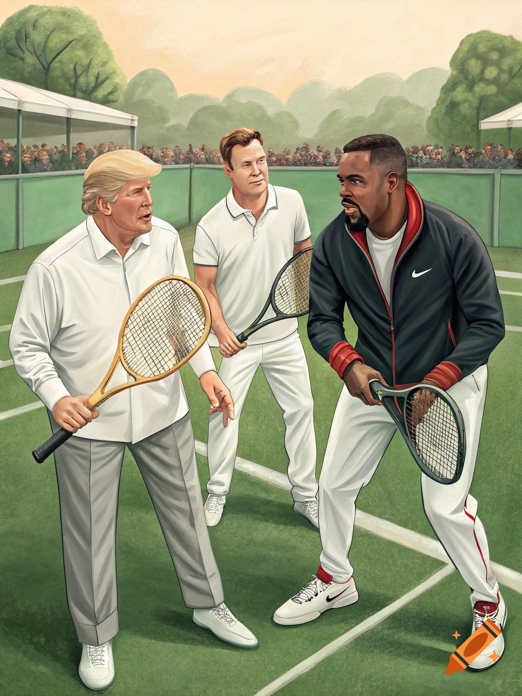 Illustration of Donald Trump, Elon Musk, and Kanye West playing tennis on a court.