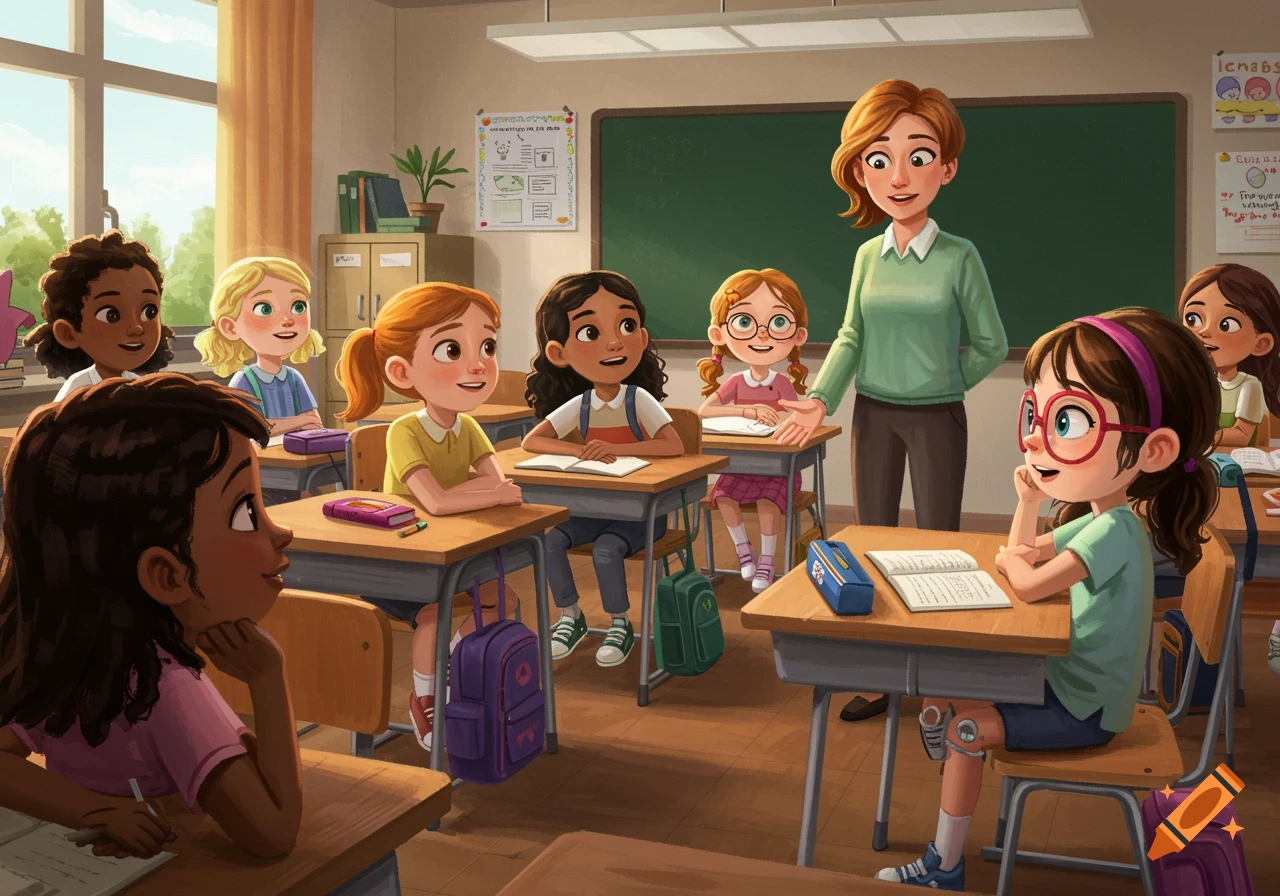 A teacher smiles at a group of children sitting at desks in a classroom ...