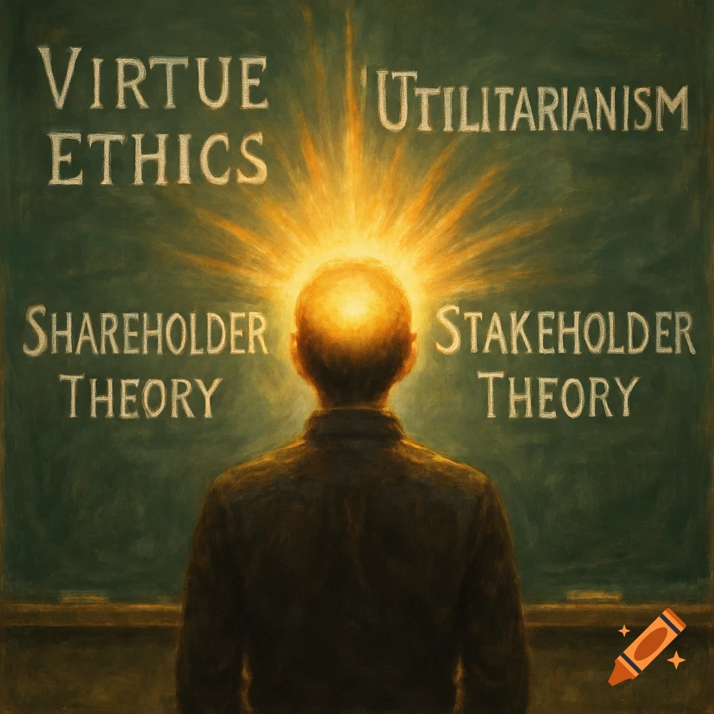 Rear view of person facing a blackboard with 'Virtue Ethics', 'Utilitarianism', 'Shareholder Theory', 'Stakeholder Theory' written in chalk, light emanating from head.