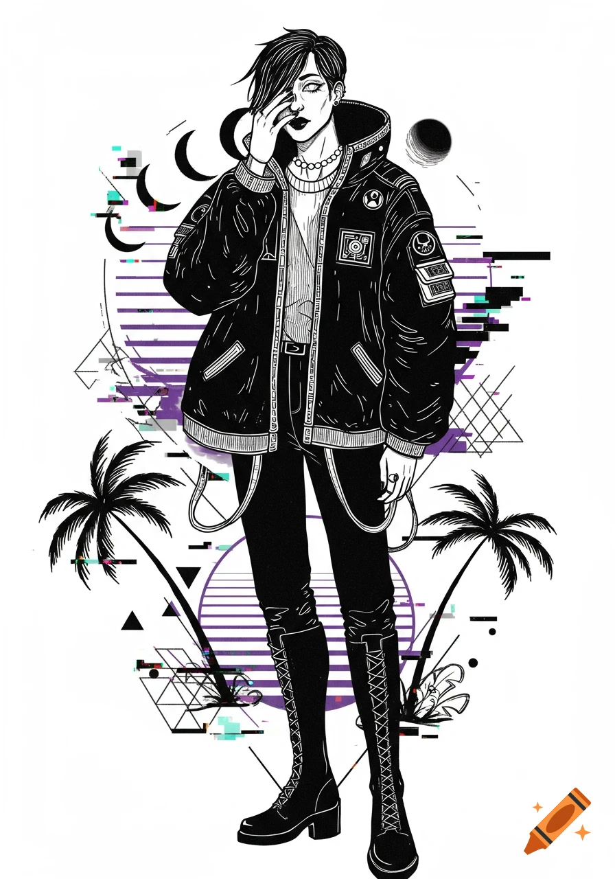 Stylized illustration of a character in oversized jacket and boots with glitch art, moons, and palm trees.