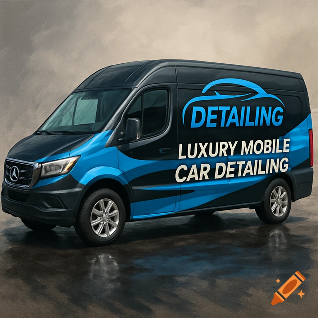 A black van with a blue and black graphic wrap featuring the words 'DETAILING LUXURY MOBILE CAR DETAILING'.