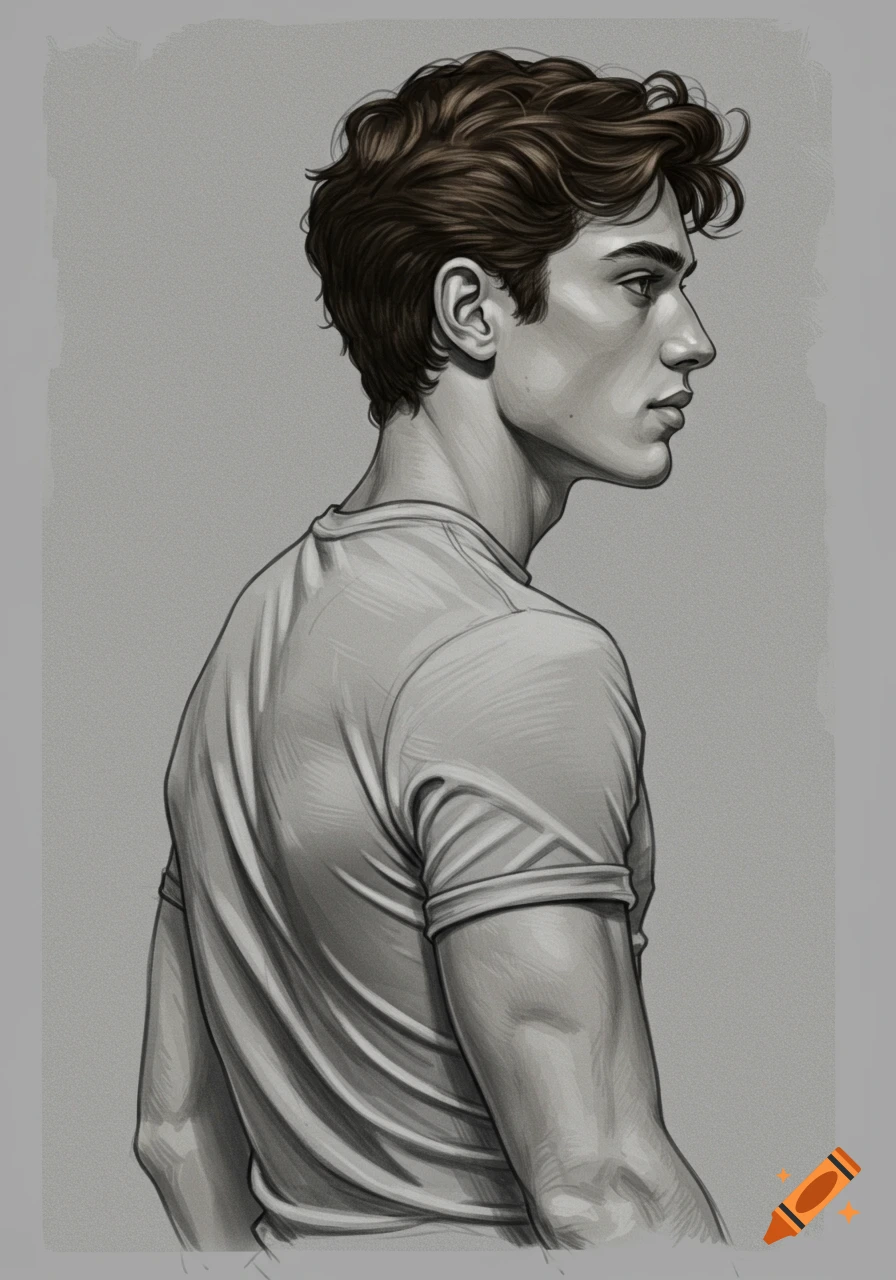 Sketch drawing of a young man's side profile looking left