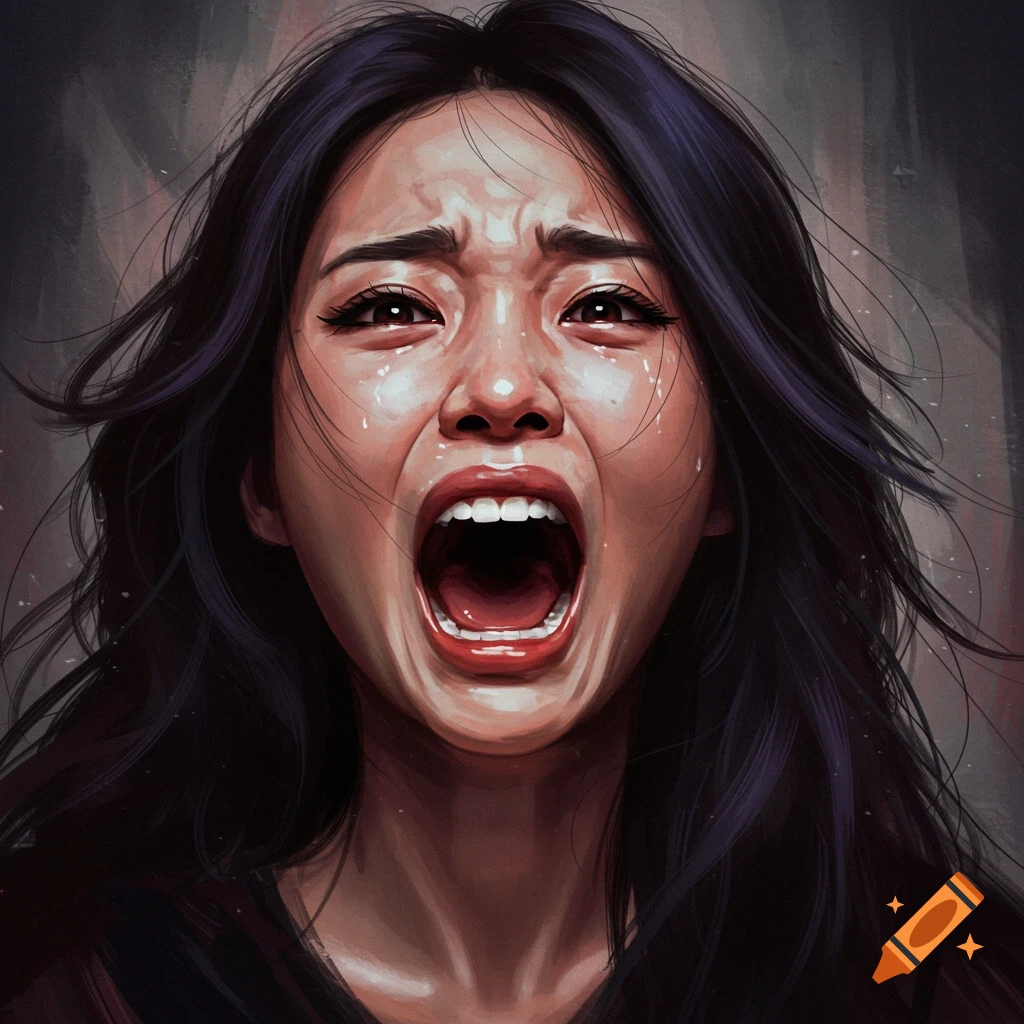 Digital painting portrait of a woman screaming with tears streaming down her face.