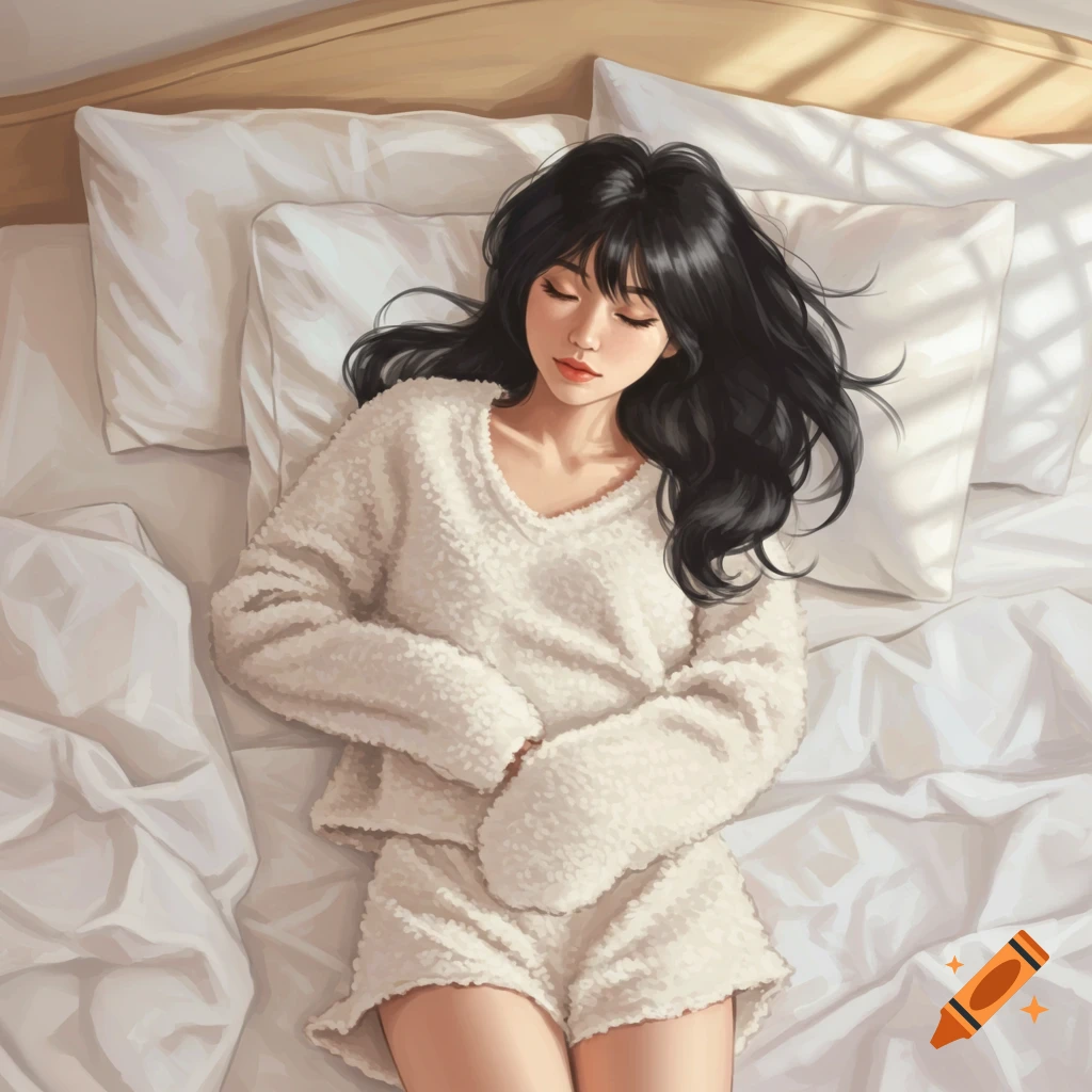 Digital painting of a woman sleeping peacefully in a bed with sunlight.