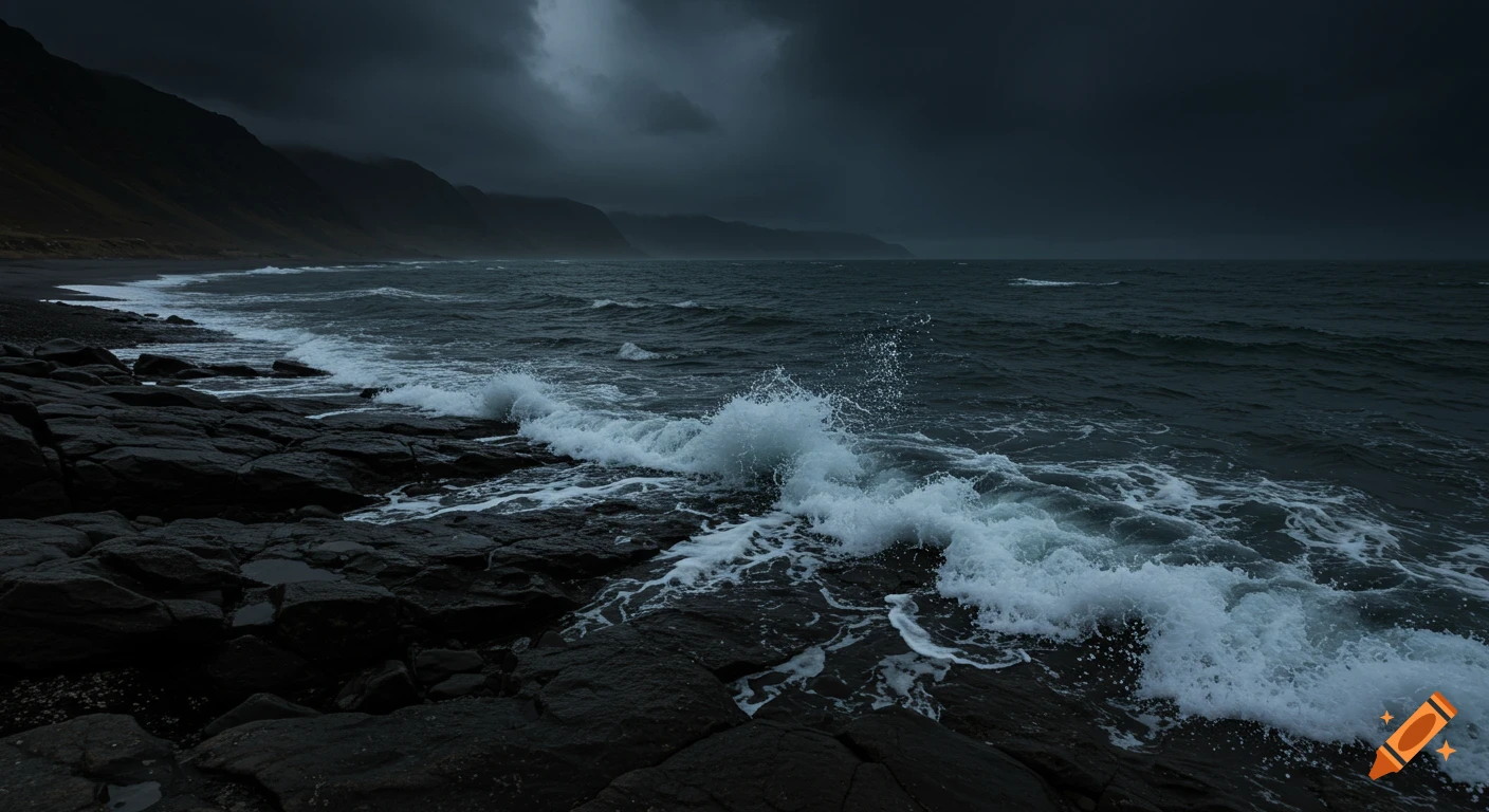 Dark waves crash onto a rocky beach under a stormy sky.