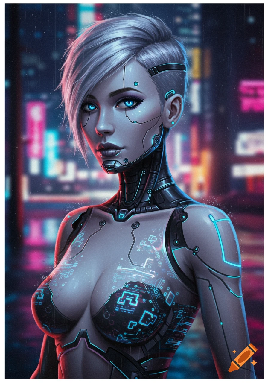 A futuristic female android with blue eyes and silver hair in a cyberpunk city.