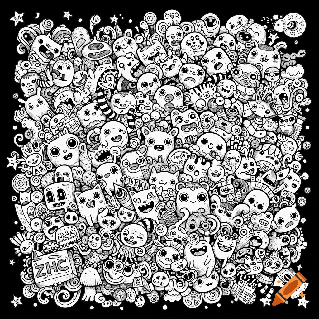 Black and white doodle art filled with various cute cartoon creatures and abstract shapes.