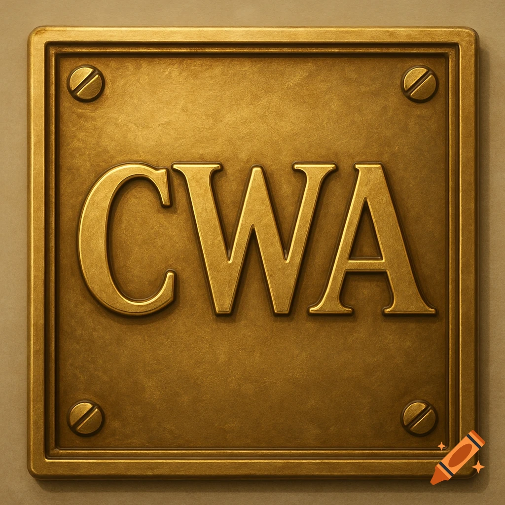 A square gold plaque with the letters CWA and four screws.