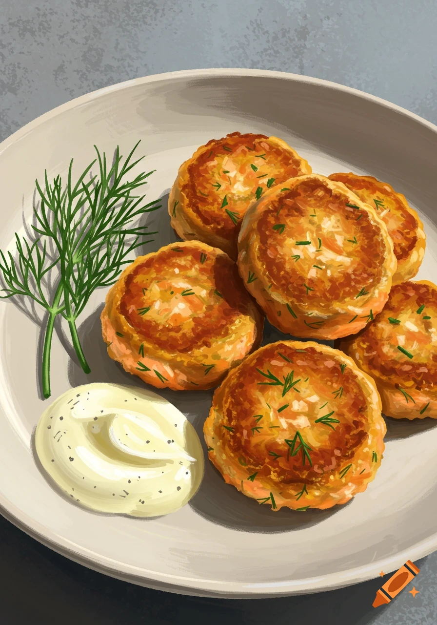 Painterly image of mini salmon cakes with dill and sauce on a plate.