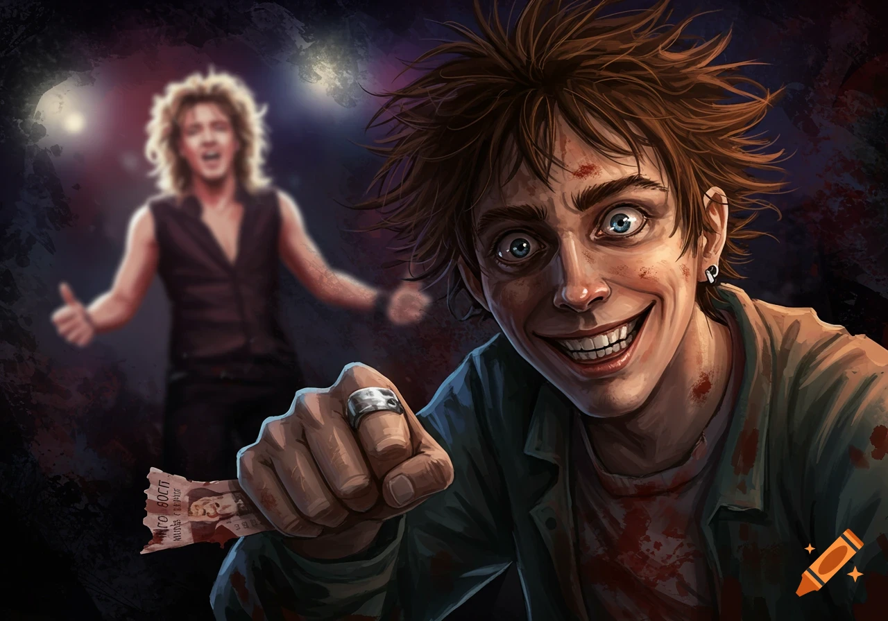 A man with a wide, intense grin holds a crumpled paper towards the viewer. Another person is blurred in the background giving a thumbs up. Digital illustration style.