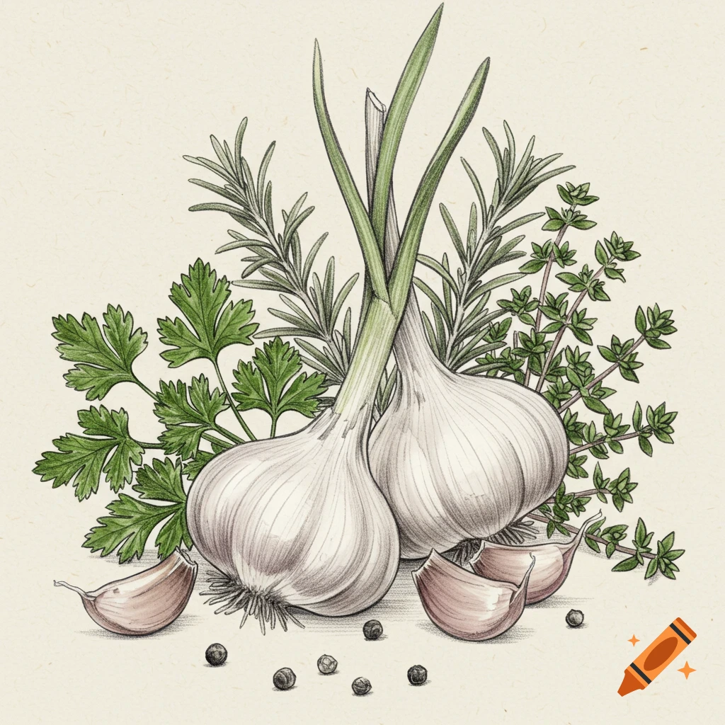 Sketch illustration of garlic bulbs, cloves, parsley, rosemary, thyme, and peppercorns.