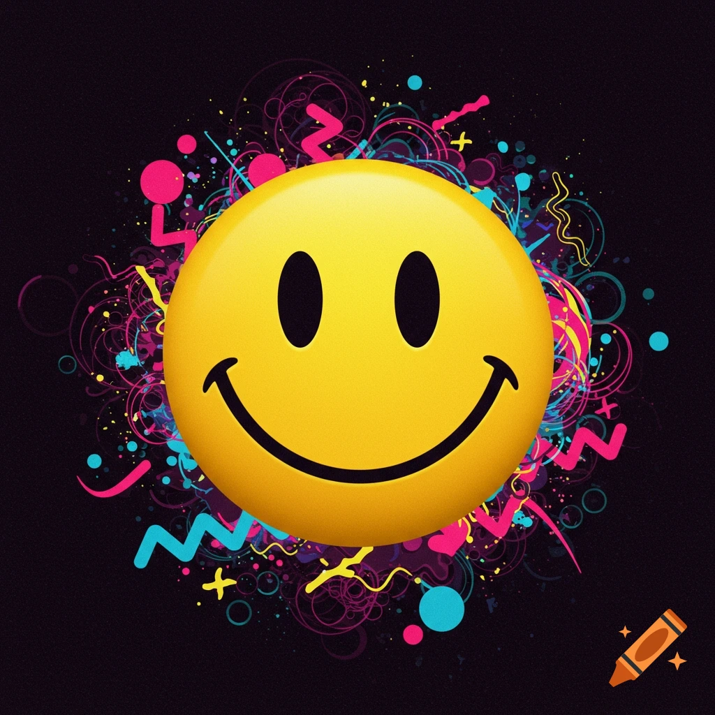 A bright yellow smiley face with a big smile is centered against a vibrant, abstract background of neon colors and shapes.