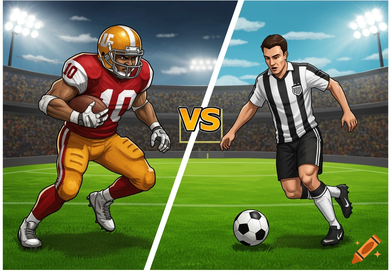 American football player faces soccer player in a stadium with 'VS' between them, cartoon style.