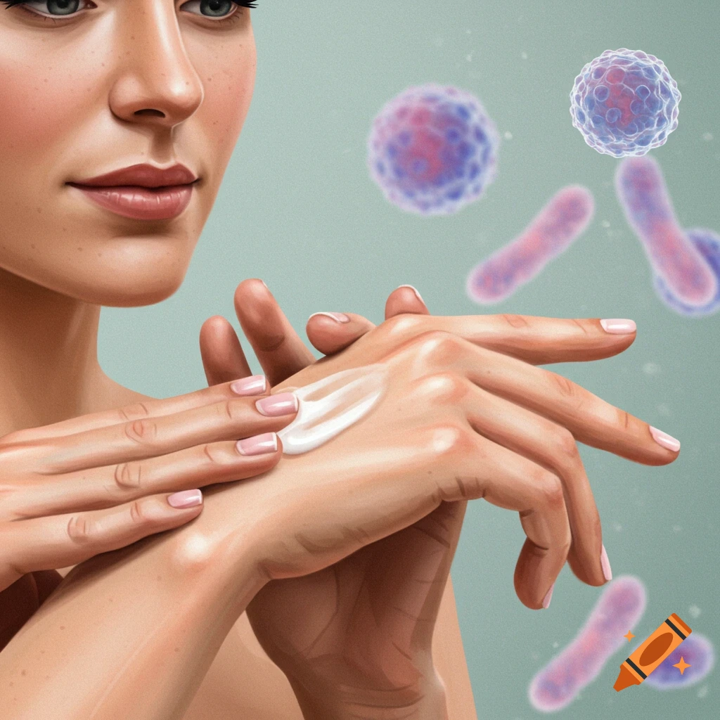 Woman's hands applying lotion surrounded by microbes