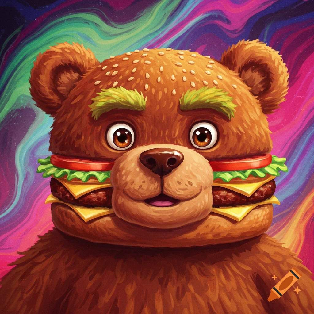 Cartoon bear head with a hamburger body and a swirling colorful background.
