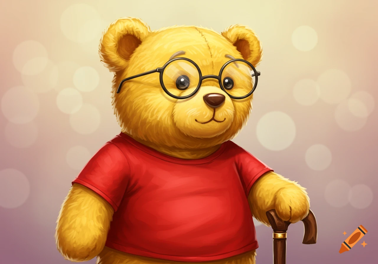 A cute illustration of a yellow teddy bear wearing glasses and a red shirt, holding a cane.