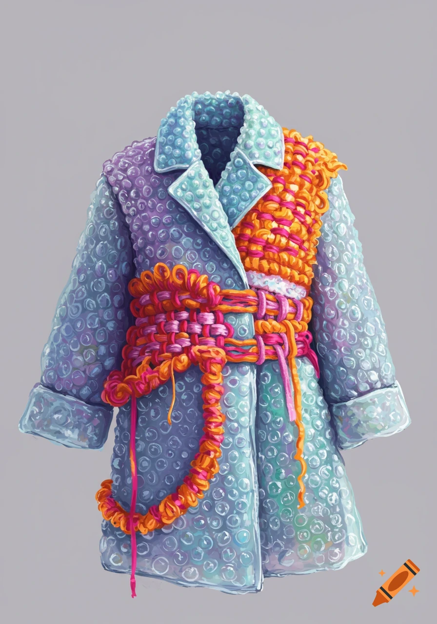 An illustration of a coat made of bubble wrap and brightly colored woven yarn.