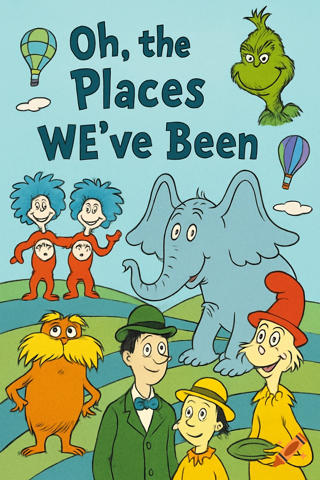 Dr. Seuss characters including Grinch, Lorax, Thing 1 & 2, and an elephant in a landscape with hot air balloons and text 'Oh, the Places WE've Been'