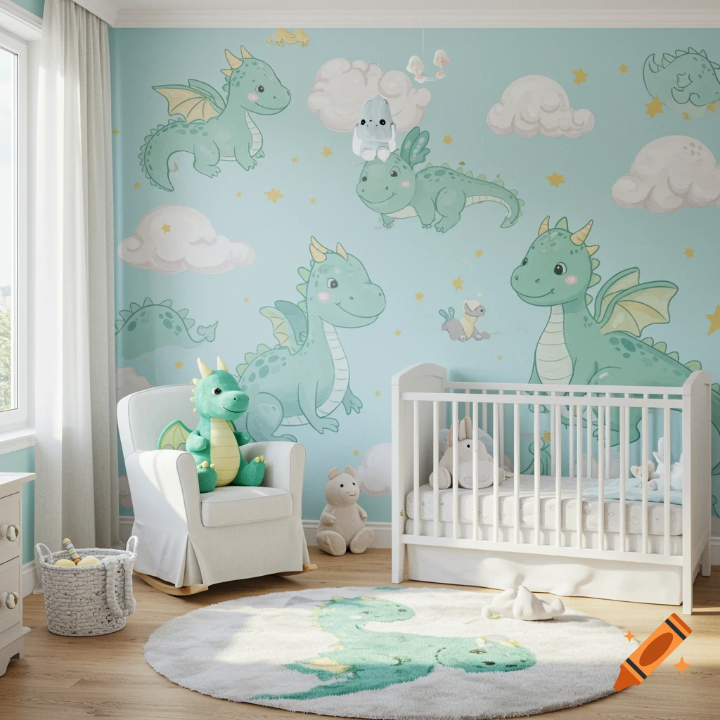 A dragon-themed nursery with cartoon dragon wallpaper, a crib, rocking chair, and rug.