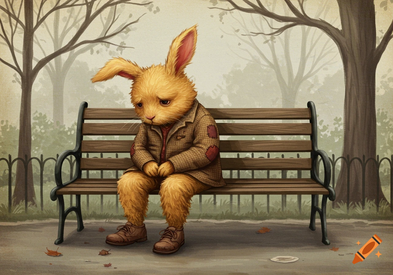 A sad anthropomorphic rabbit in a patched jacket sits on a park bench.