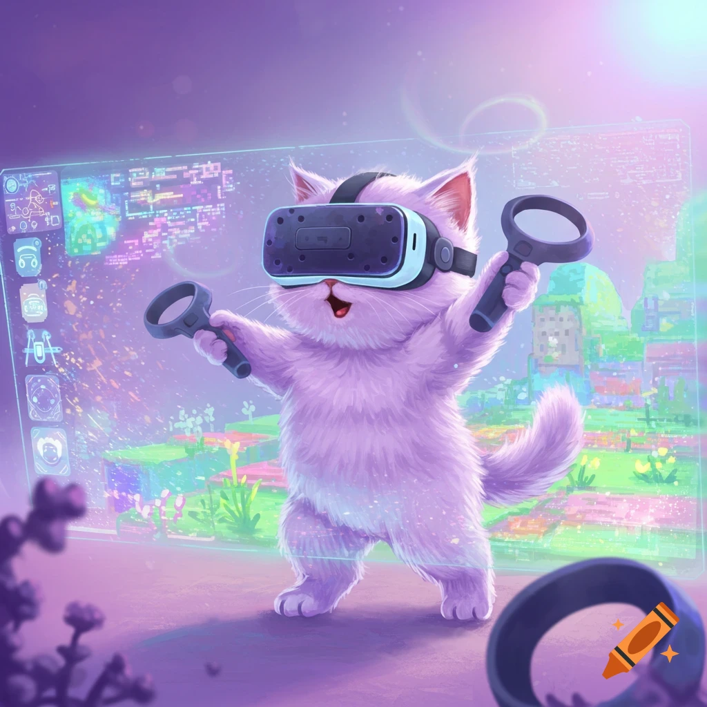 A cute purple kitten wears a VR headset and holds controllers while interacting with a virtual screen displaying graphics and a colorful world.