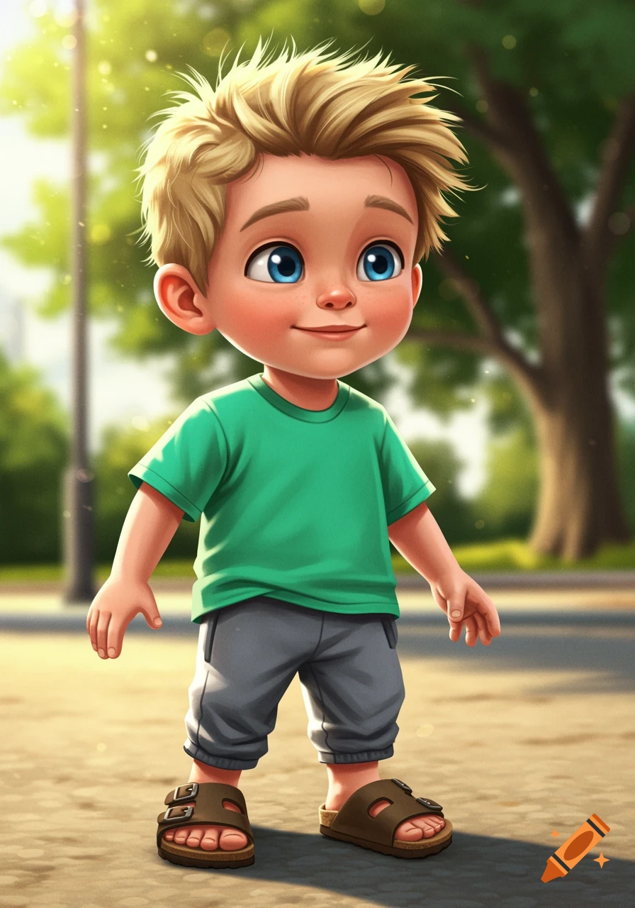 Cartoon illustration of a smiling boy with blonde hair and blue eyes wearing a green shirt, grey pants, and sandals outdoors.