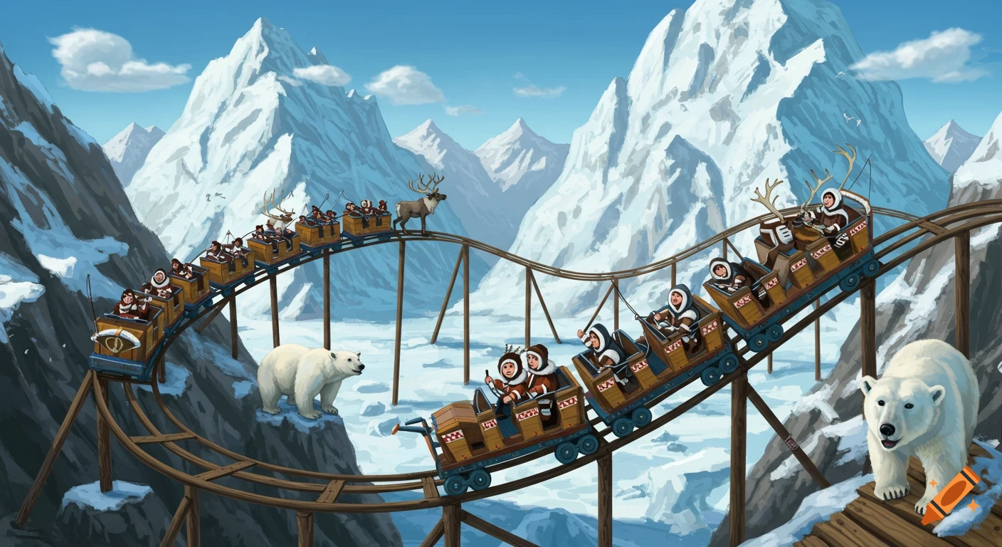 Cartoon rollercoaster in snowy mountains with polar bears, reindeer, and passengers in winter gear.