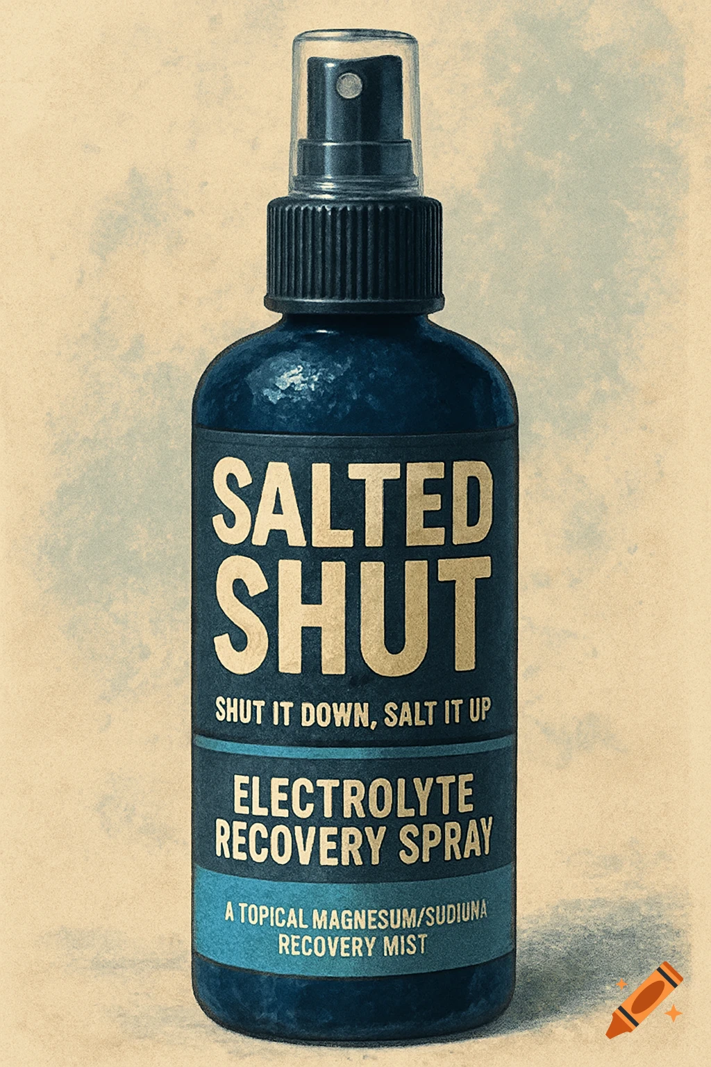 Close-up product photo of a dark blue spray bottle labeled 'SALTED SHUT Electrolyte Recovery Spray'