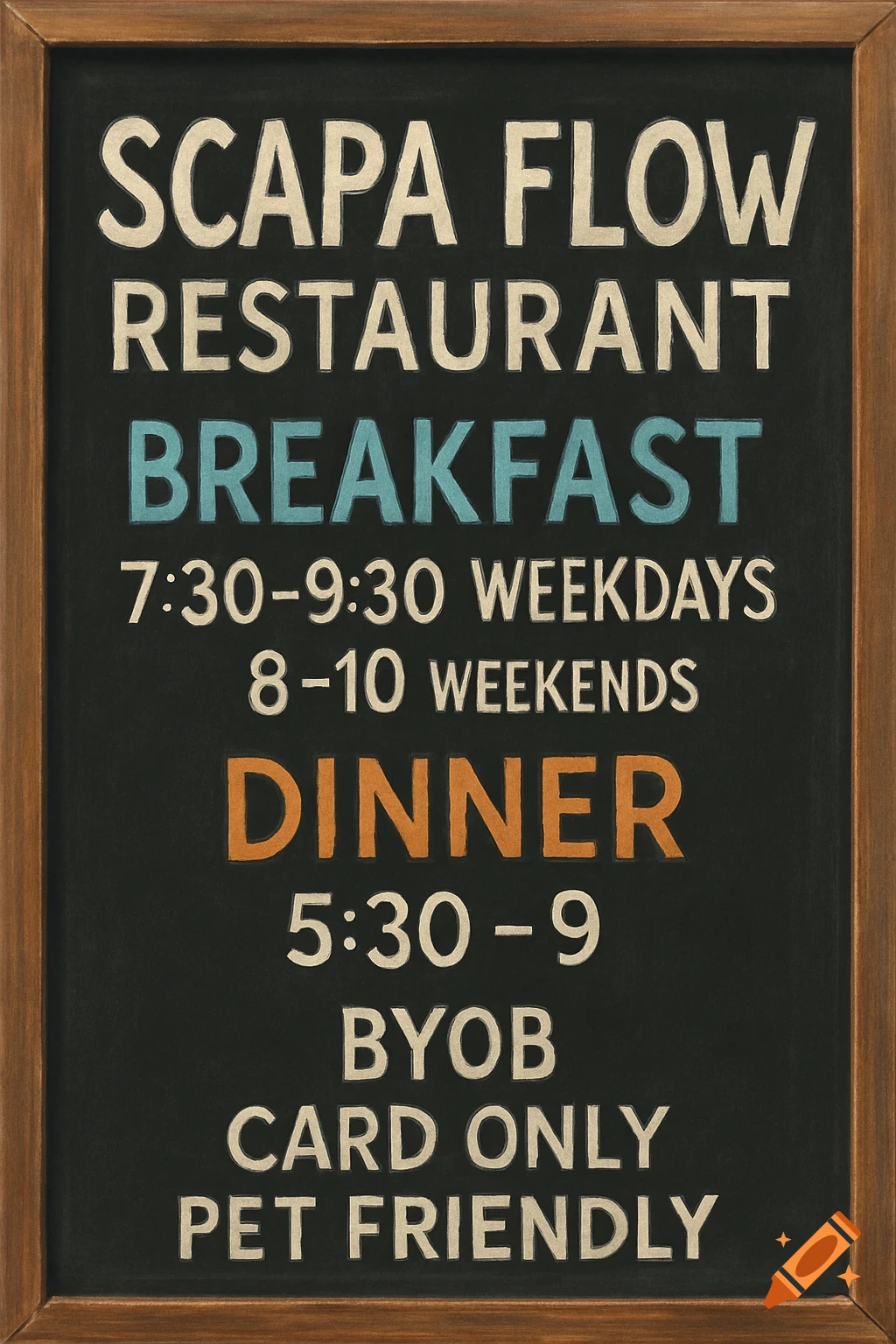 A chalkboard menu for Scapa Flow Restaurant listing breakfast and dinner times, BYOB, card only, and pet friendly policies.