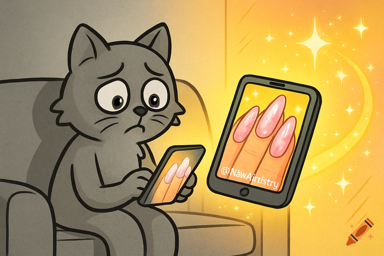 A sad cartoon cat looks at a phone displaying glamorous nail art, hinting at transformation.