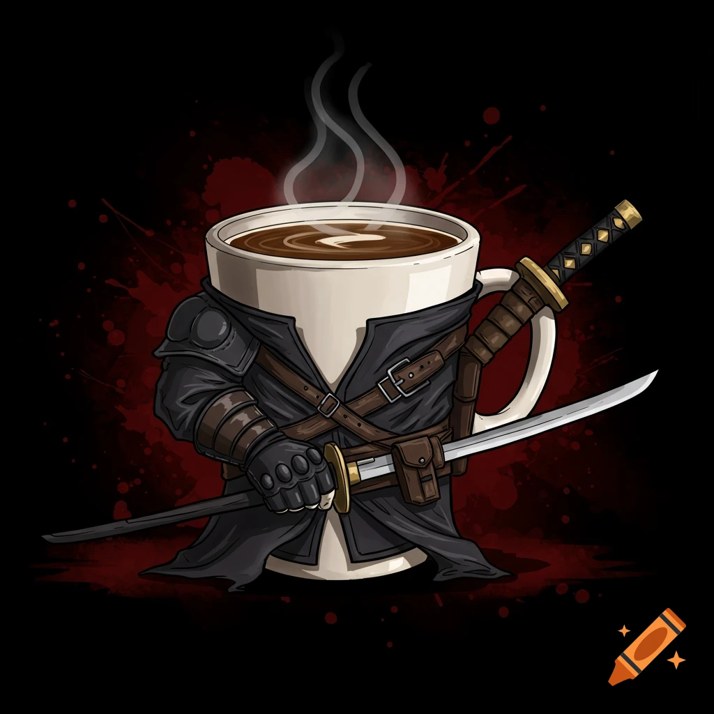 Cartoon coffee cup dressed as an assassin, holding a katana against a black background with red splatters.