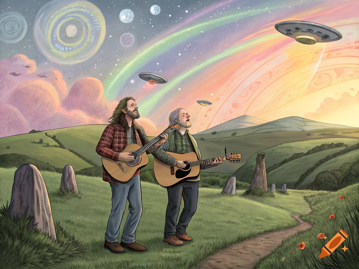 Two men play guitars in a field with standing stones under a rainbow sky with UFOs in an illustration style.