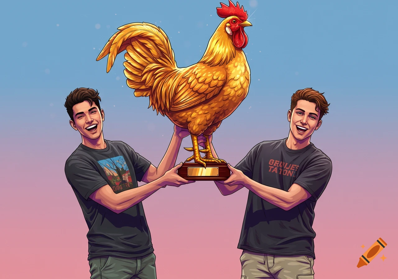 Two men hold up a large golden cockerel trophy in an illustrated style.
