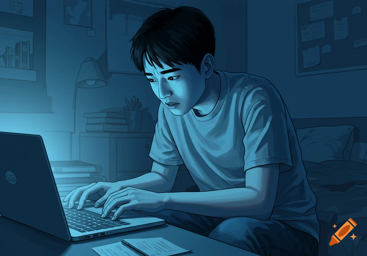 A young man with a worried expression looks intently at a laptop screen in a dimly lit room. Illustration.