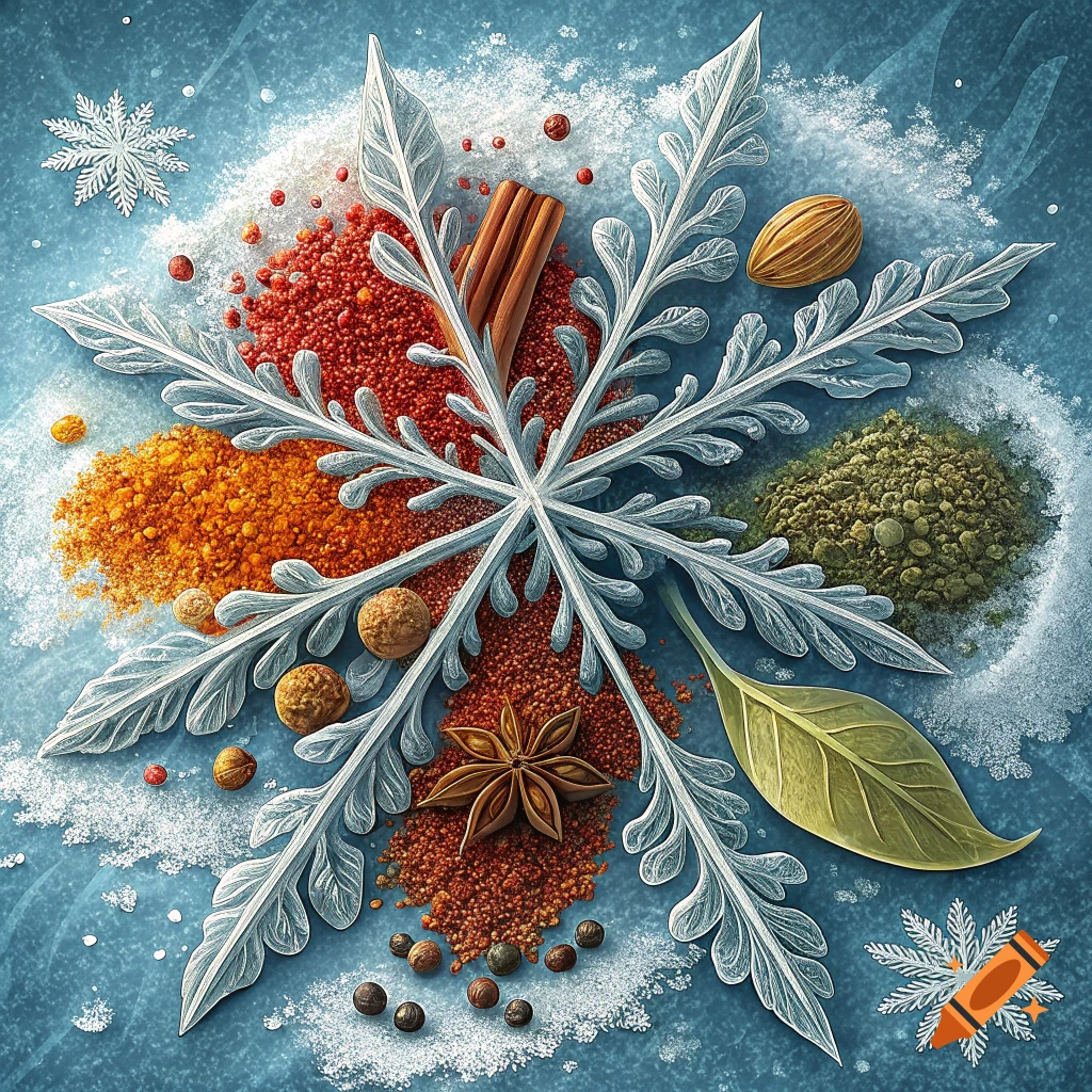 A snowflake shape made of various spices on a blue, icy background with smaller snowflakes.