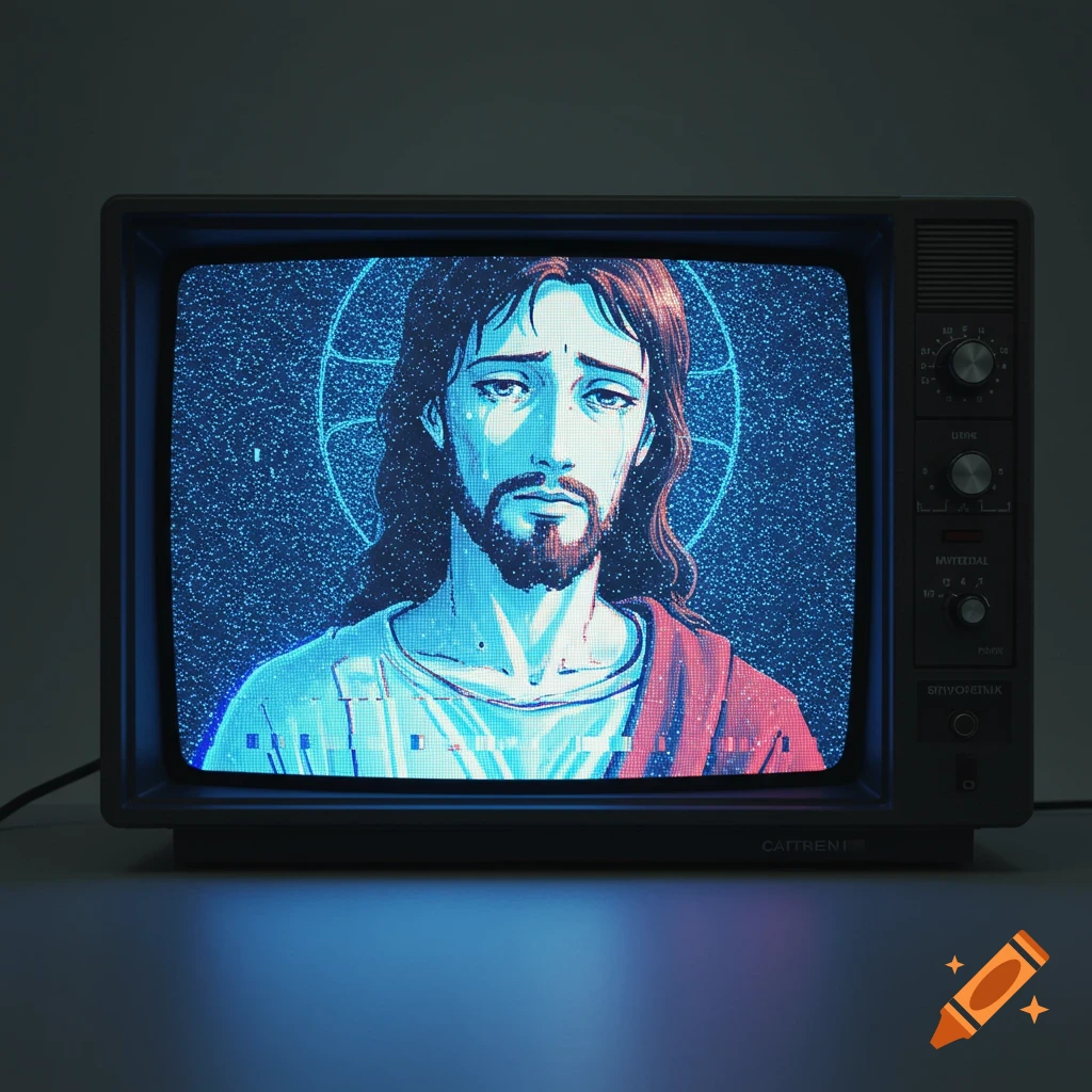 Anime style depiction of Jesus Christ on a retro TV screen with blue tint, heavy static, and distortion.