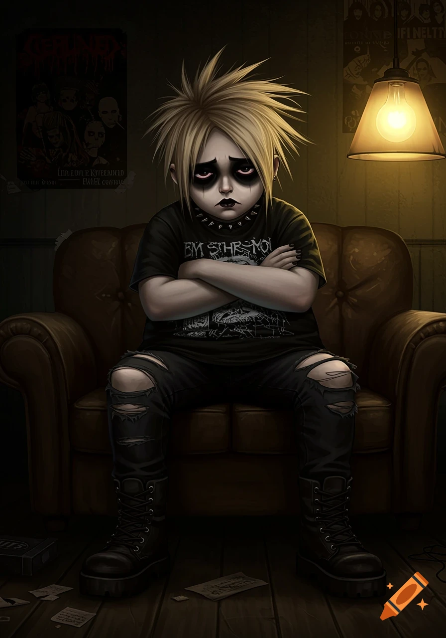 Stylized illustration of a sad emo child with blonde hair and makeup sitting in a chair with crossed arms.