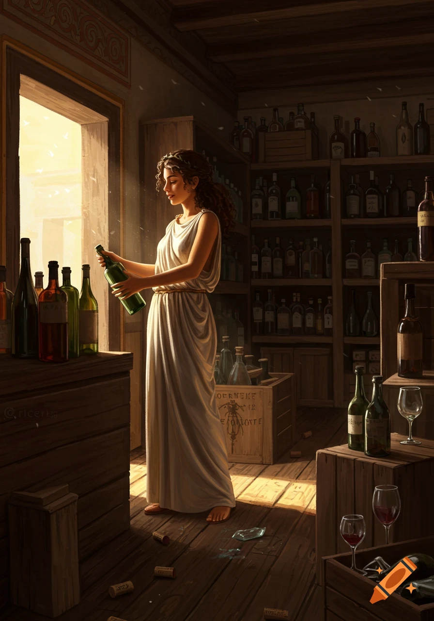 A Greek woman examines a bottle in a shop filled with wine bottles