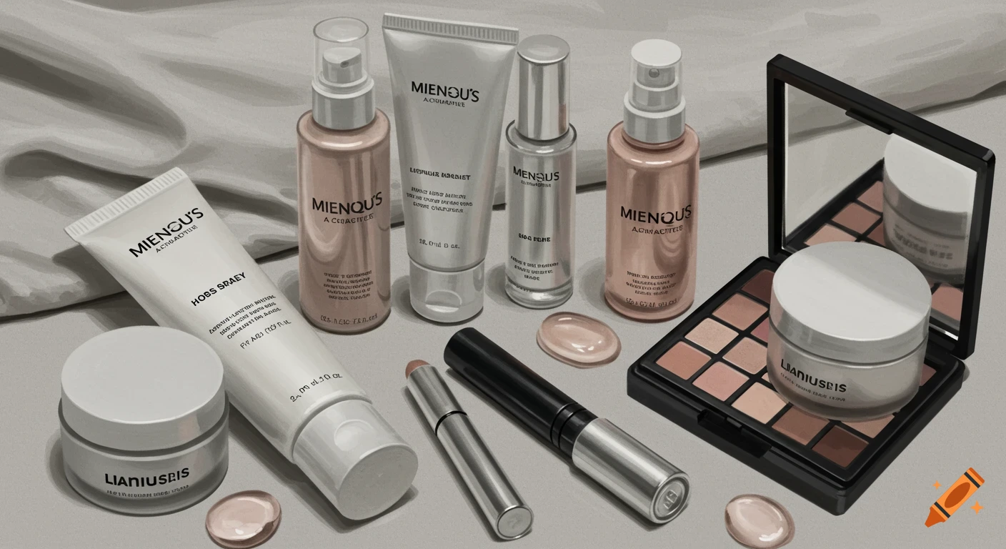 A minimalist still life of various skincare and makeup products on a gray surface.