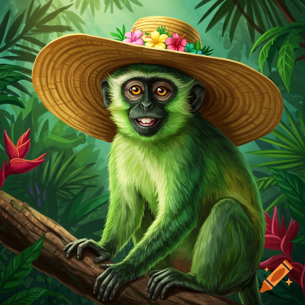 A green monkey wearing a flower-decorated straw hat sits on a branch in a lush jungle illustration.